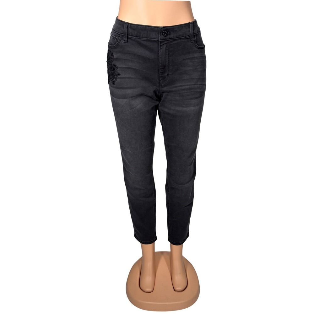 White House Black Market Womens 14 Slim Ankle Jeans Gray Floral Lace Applique‎